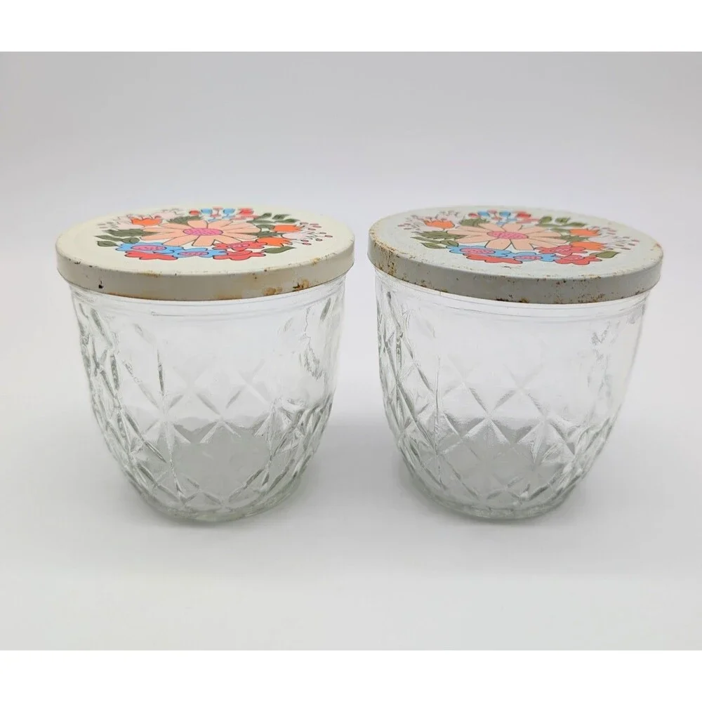 2 BALL Quilted Crystal Glass Jars W/Tin Snap-On Lid Off-white Flower MOD Retro